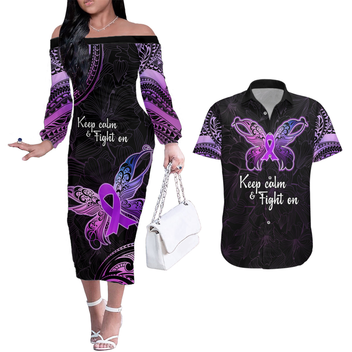 Pancreatic Cancer Awareness Couples Matching Off The Shoulder Long Sleeve Dress and Hawaiian Shirt Keep Calm And Fight On Polynesian Pattern LT05 Purple - Polynesian Pride