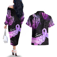 Pancreatic Cancer Awareness Couples Matching Off The Shoulder Long Sleeve Dress and Hawaiian Shirt Keep Calm And Fight On Polynesian Pattern LT05 - Polynesian Pride