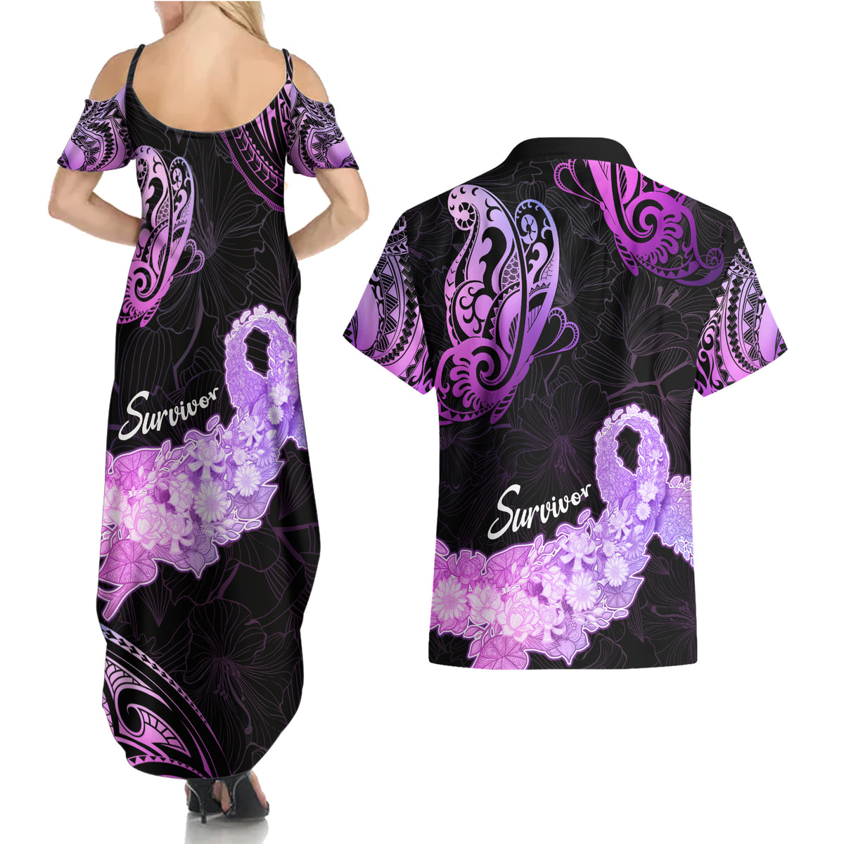 Pancreatic Cancer Awareness Couples Matching Summer Maxi Dress and Hawaiian Shirt Keep Calm And Fight On Polynesian Pattern LT05 - Polynesian Pride