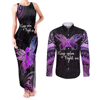 Pancreatic Cancer Awareness Couples Matching Tank Maxi Dress and Long Sleeve Button Shirt Keep Calm And Fight On Polynesian Pattern LT05 Purple - Polynesian Pride