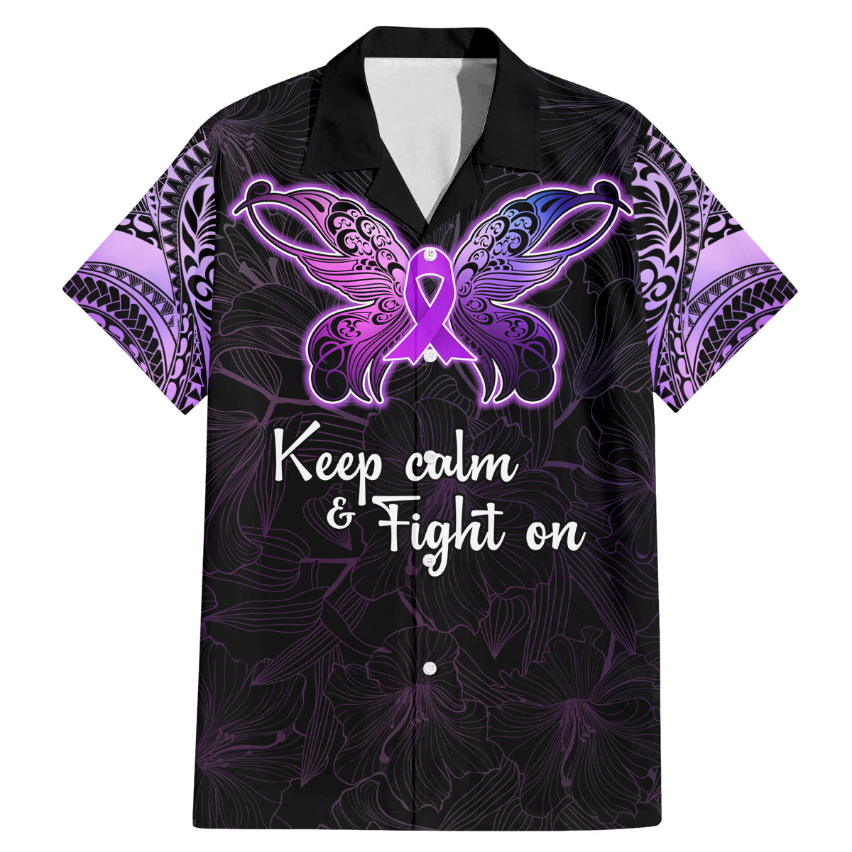 Pancreatic Cancer Awareness Family Matching Mermaid Dress and Hawaiian Shirt Keep Calm And Fight On Polynesian Pattern LT05 Dad's Shirt - Short Sleeve Purple - Polynesian Pride