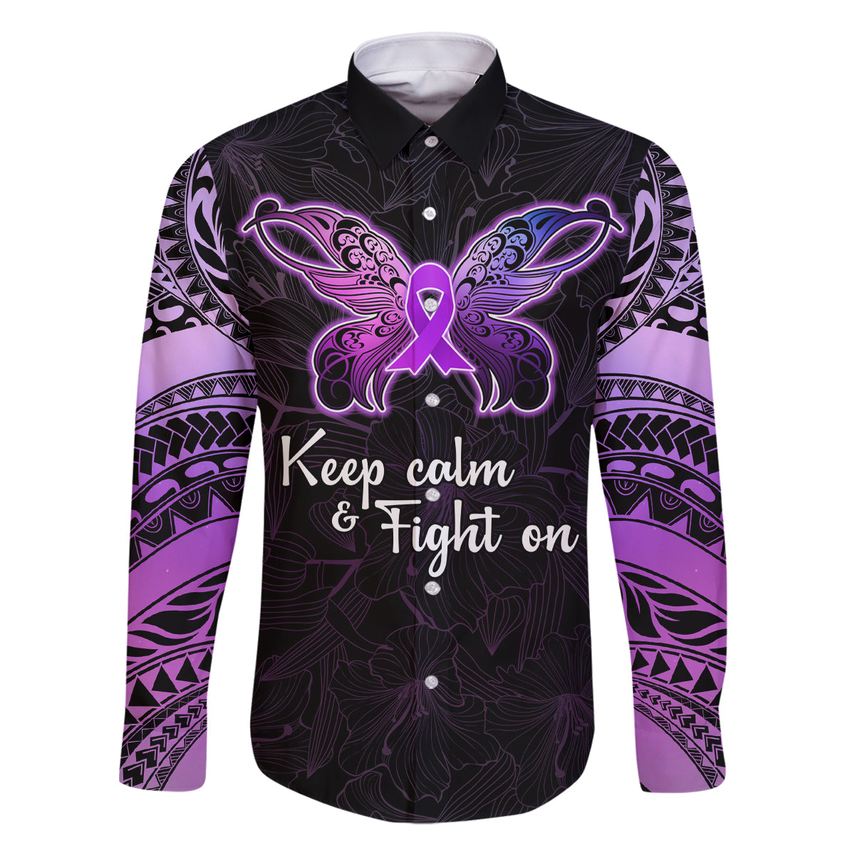 Pancreatic Cancer Awareness Family Matching Off Shoulder Short Dress and Hawaiian Shirt Keep Calm And Fight On Polynesian Pattern LT05 Dad's Shirt - Long Sleeve Purple - Polynesian Pride