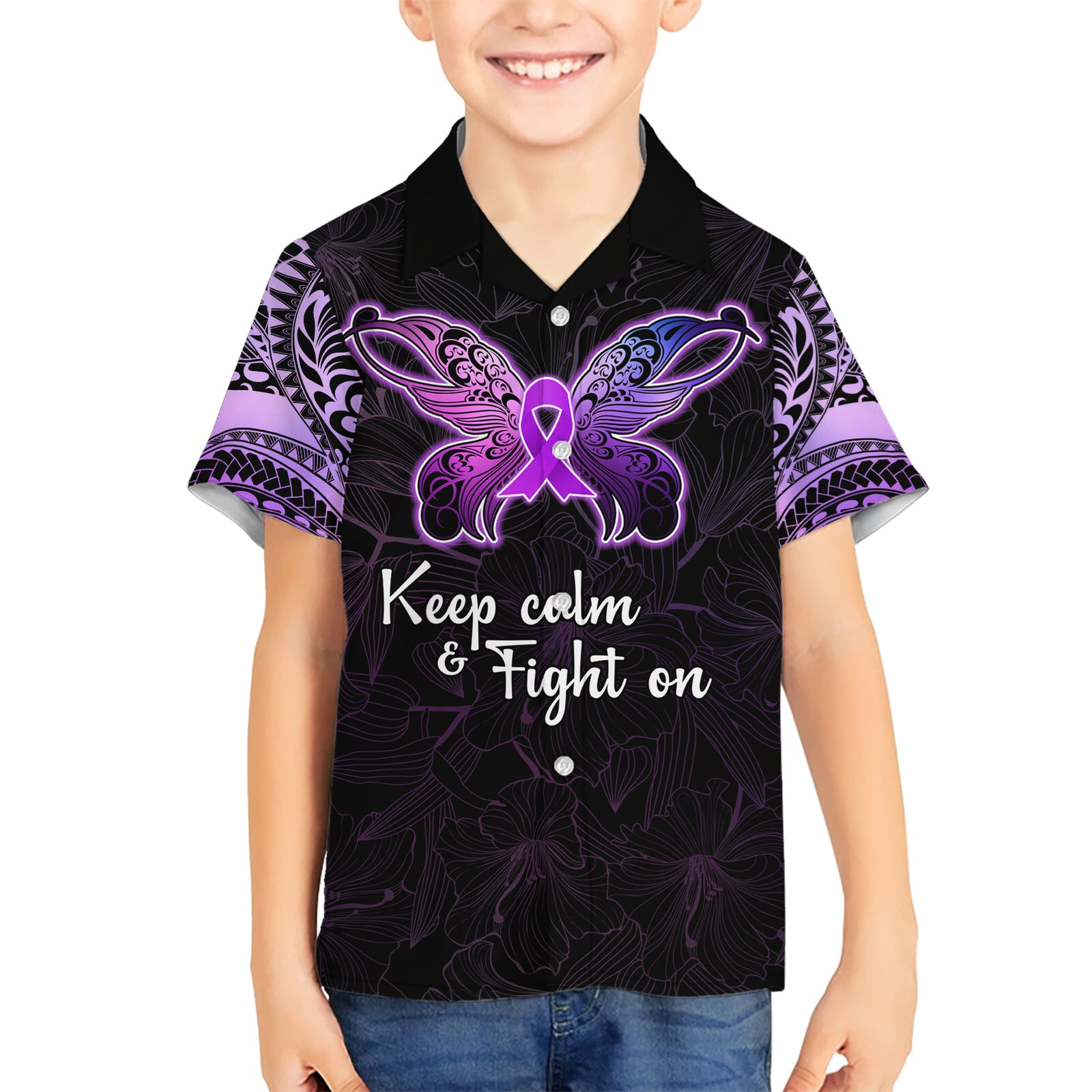 Pancreatic Cancer Awareness Kid Hawaiian Shirt Keep Calm And Fight On Polynesian Pattern LT05 Kid Purple - Polynesian Pride