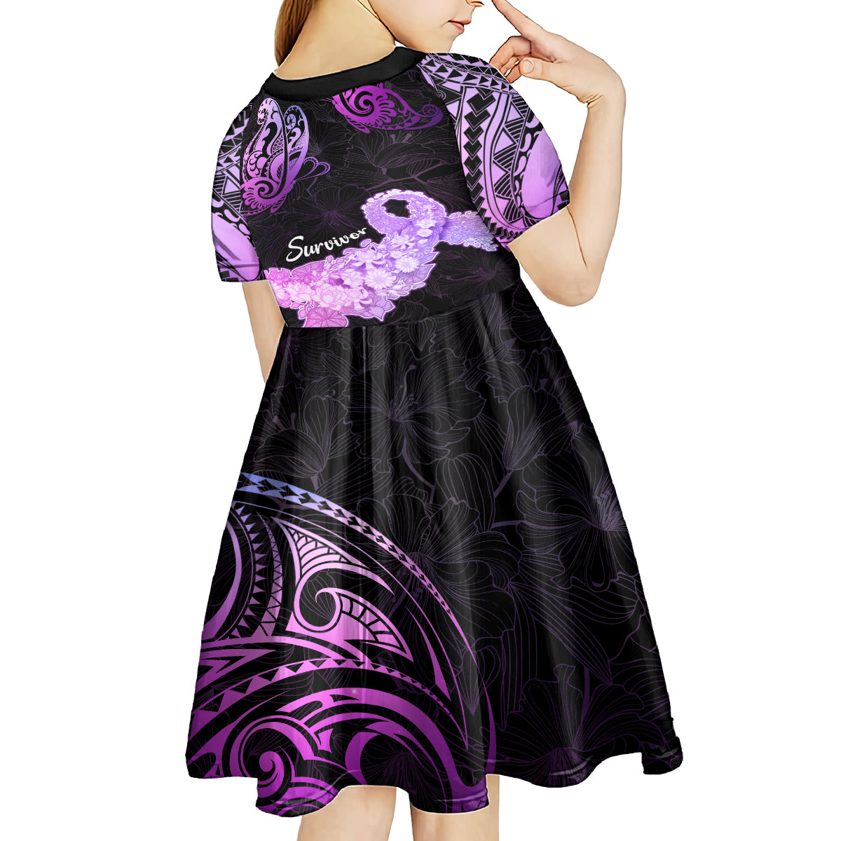 Pancreatic Cancer Awareness Kid Short Sleeve Dress Keep Calm And Fight On Polynesian Pattern LT05 - Polynesian Pride