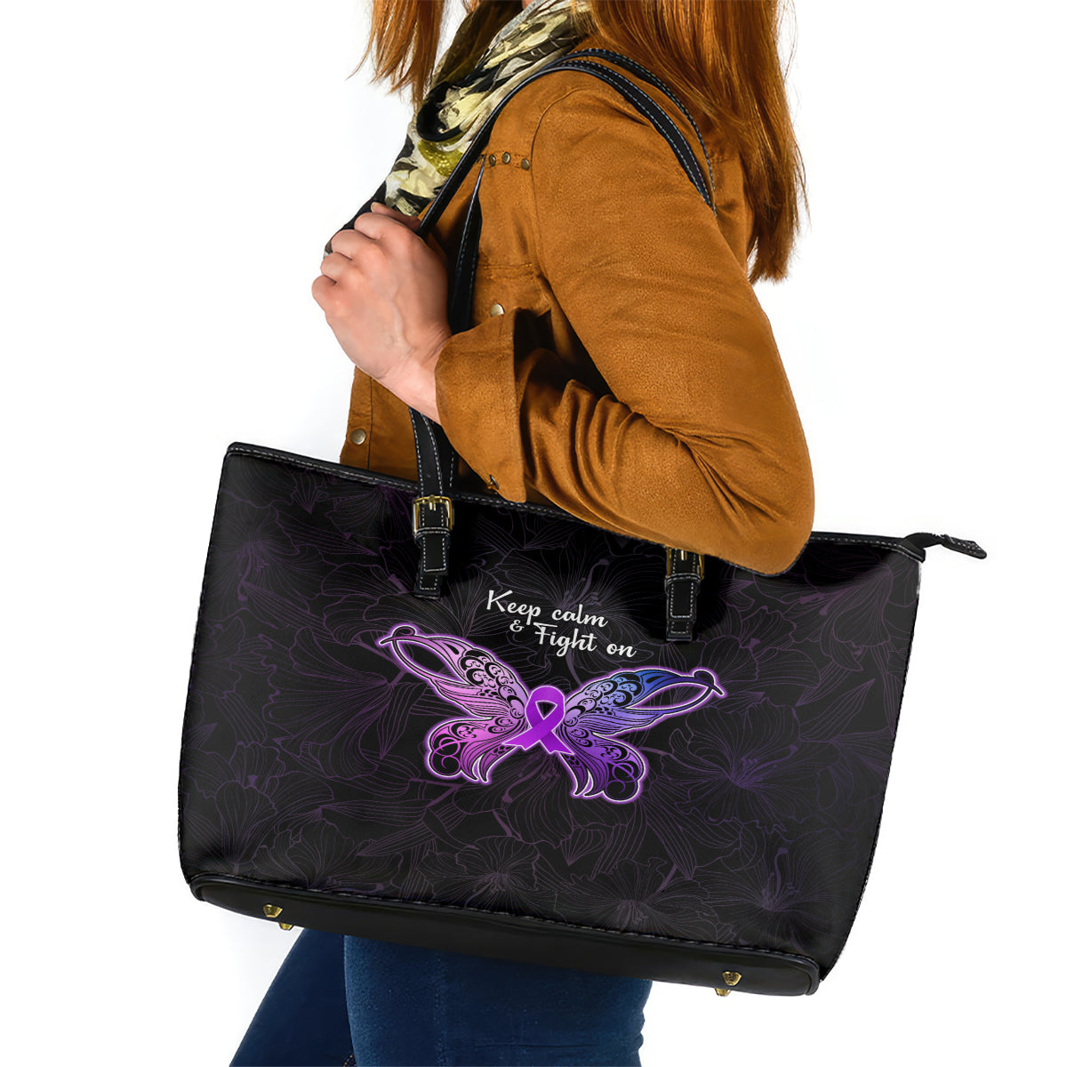 Pancreatic Cancer Awareness Leather Tote Bag Keep Calm And Fight On Polynesian Pattern LT05 Purple - Polynesian Pride