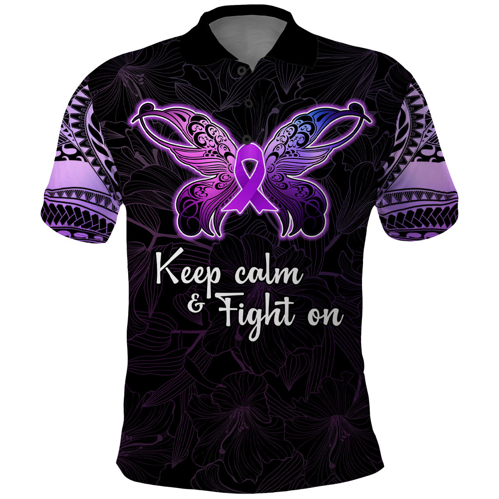 Pancreatic Cancer Awareness Polo Shirt Keep Calm And Fight On Polynesian Pattern LT05 Purple - Polynesian Pride