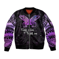 Pancreatic Cancer Awareness Sleeve Zip Bomber Jacket Keep Calm And Fight On Polynesian Pattern LT05 Unisex Purple - Polynesian Pride