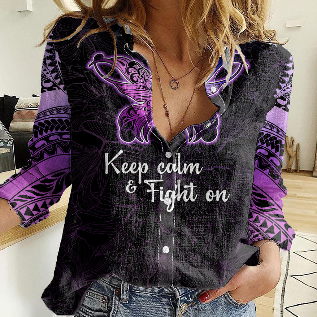 Pancreatic Cancer Awareness Women Casual Shirt Keep Calm And Fight On Polynesian Pattern LT05 Female Purple - Polynesian Pride