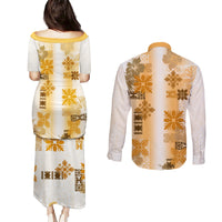 Hawaiian Quilt Couples Matching Puletasi Dress and Long Sleeve Button Shirt Vintage Pattern Brown LT05 - Polynesian Pride