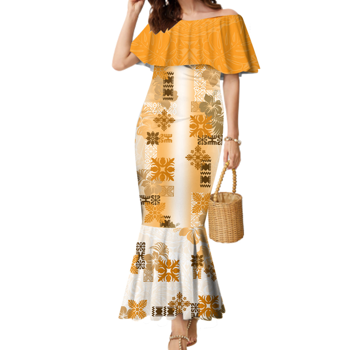 Hawaiian Quilt Family Matching Mermaid Dress and Hawaiian Shirt Vintage Pattern Brown LT05 Mom's Dress Brown - Polynesian Pride