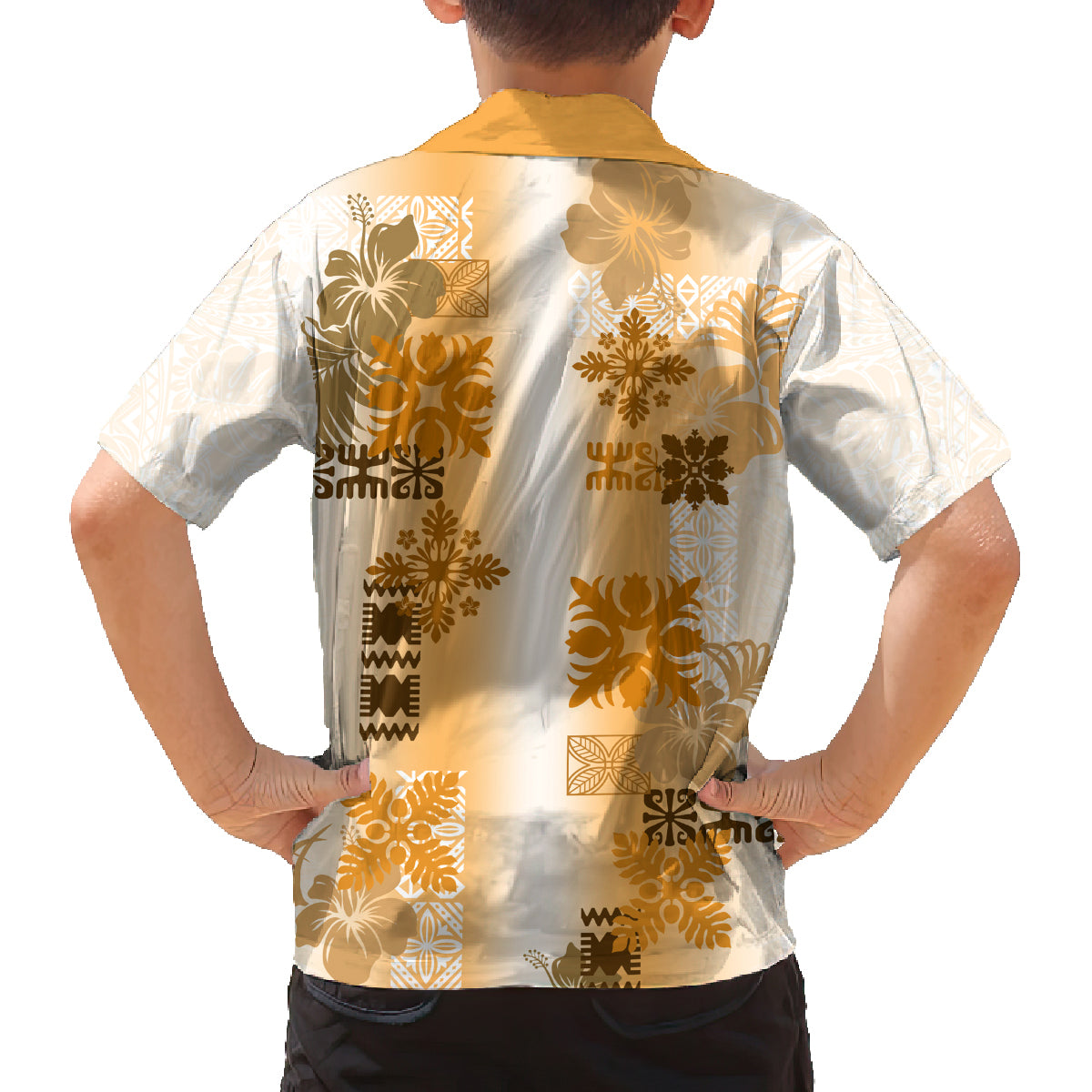 Hawaiian Quilt Family Matching Off Shoulder Short Dress and Hawaiian Shirt Vintage Pattern Brown LT05 - Polynesian Pride