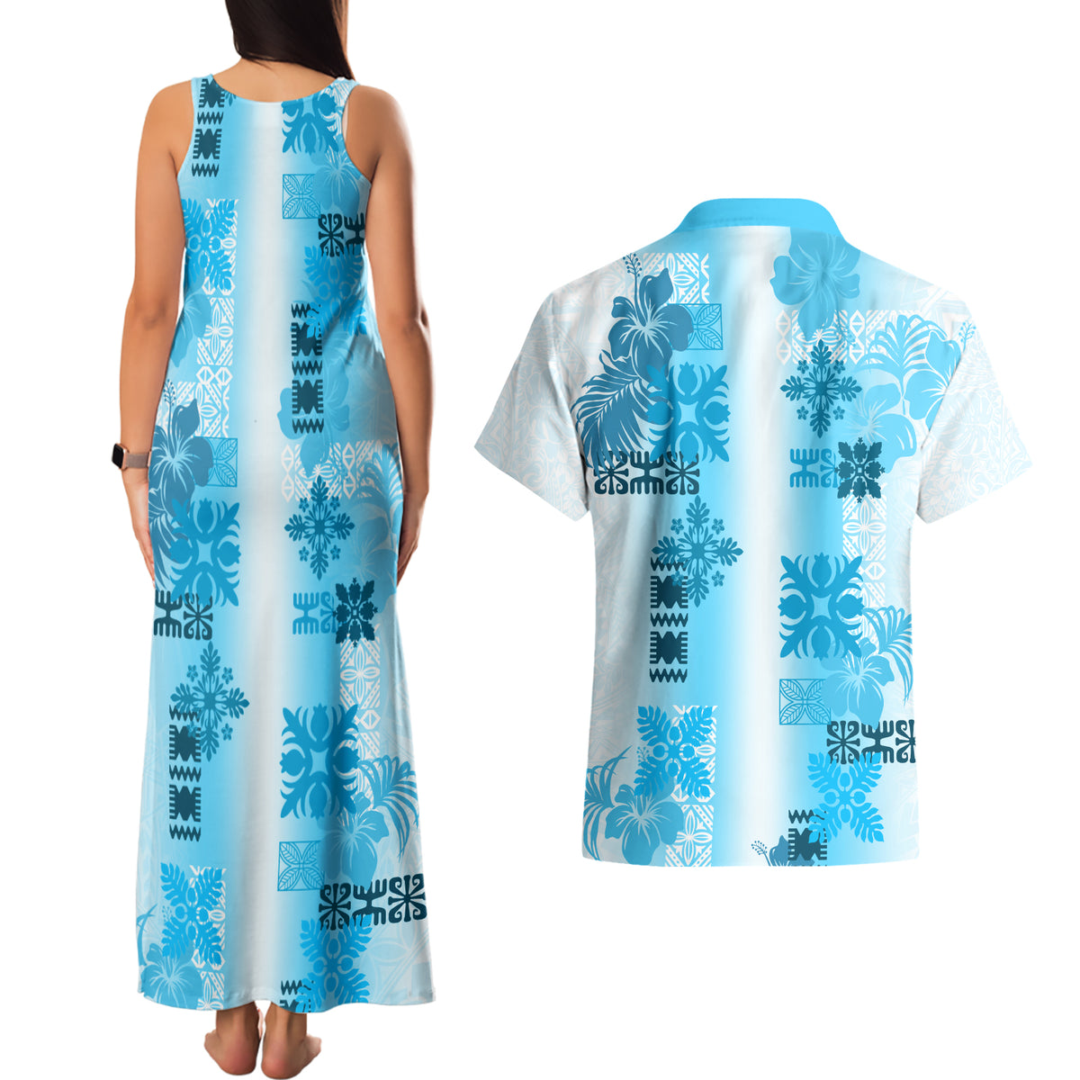 Hawaiian Quilt Couples Matching Tank Maxi Dress and Hawaiian Shirt Vintage Pattern Blue LT05 - Polynesian Pride