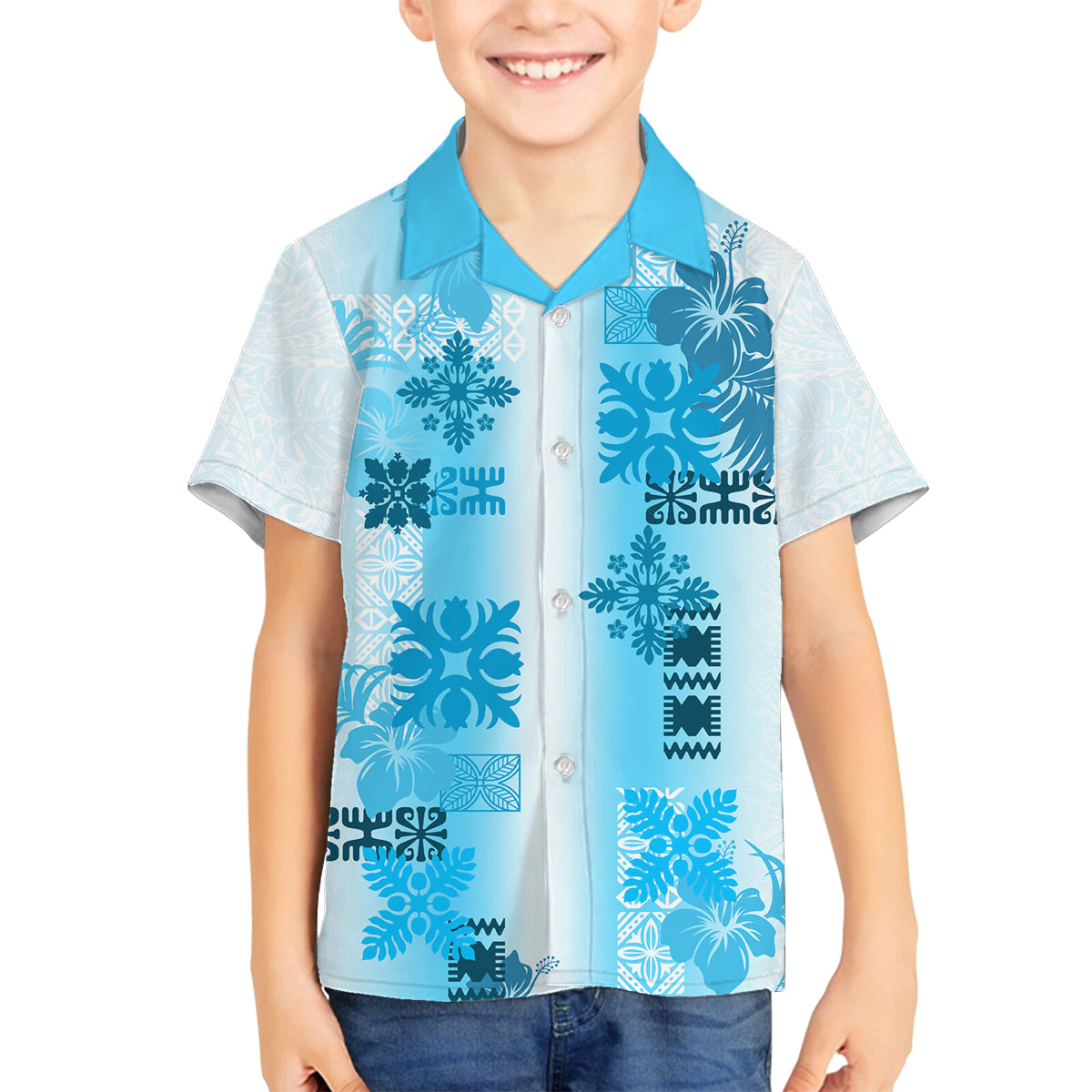 Hawaiian Quilt Family Matching Long Sleeve Bodycon Dress and Hawaiian Shirt Vintage Pattern Blue LT05 Son's Shirt Blue - Polynesian Pride