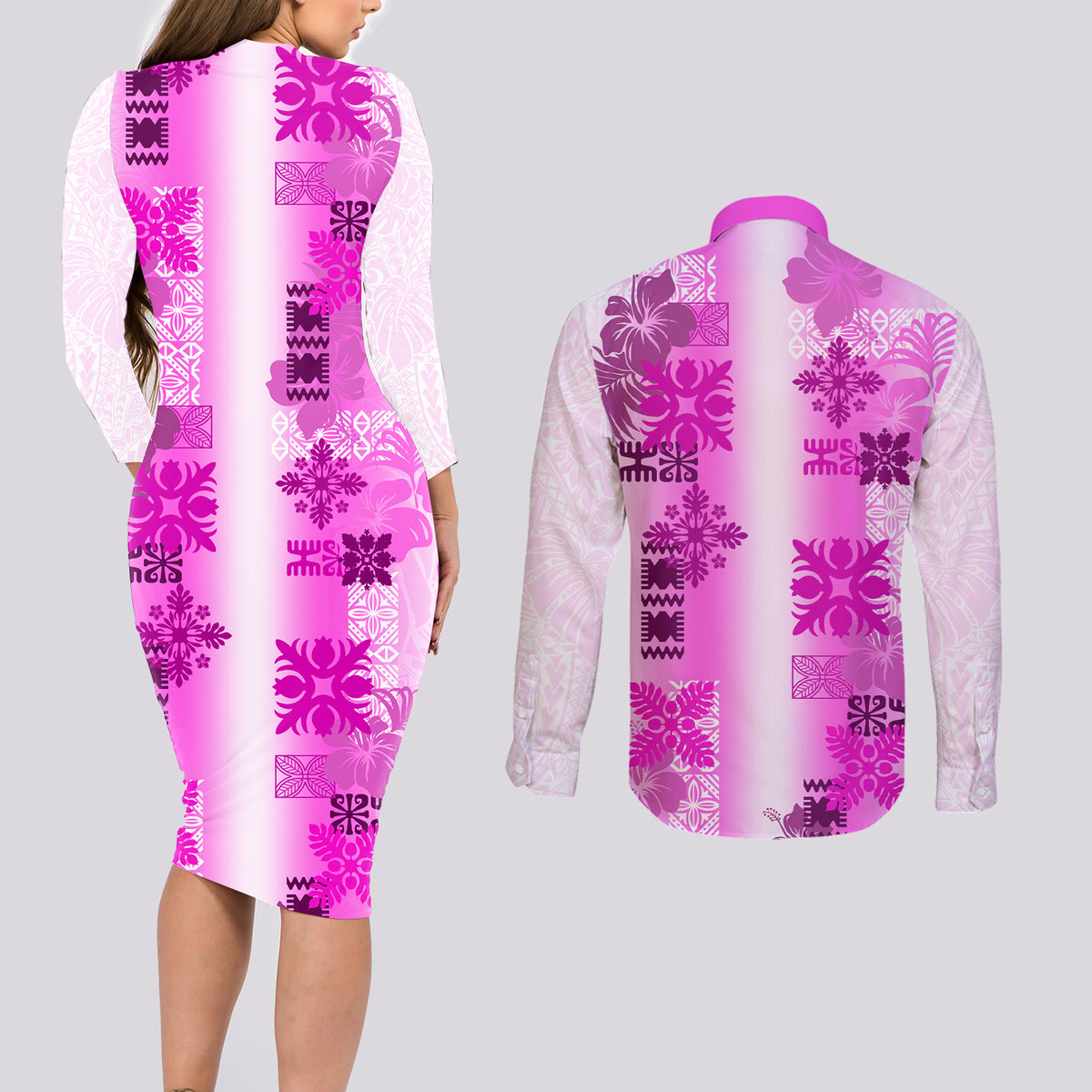 Hawaiian Quilt Couples Matching Long Sleeve Bodycon Dress and Long Sleeve Button Shirt Vintage Pattern Pink LT05 - Polynesian Pride