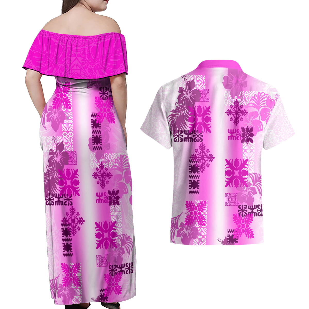 Hawaiian Quilt Couples Matching Off Shoulder Maxi Dress and Hawaiian Shirt Vintage Pattern Pink LT05 - Polynesian Pride