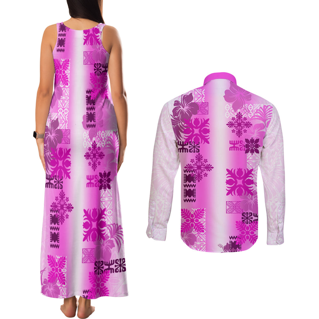 Hawaiian Quilt Couples Matching Tank Maxi Dress and Long Sleeve Button Shirt Vintage Pattern Pink LT05 - Polynesian Pride
