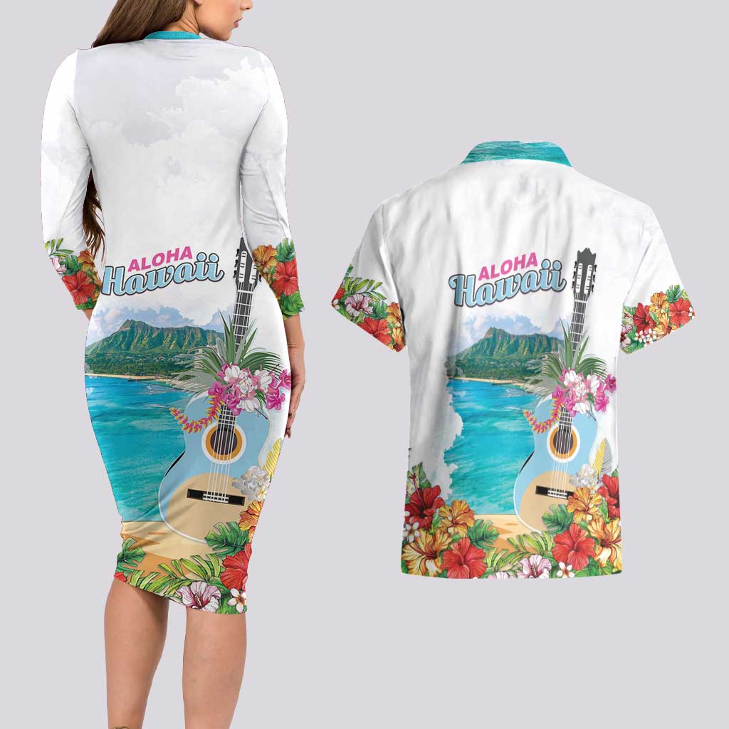 Aloha Hawaii Waikiki Beach Landscape Couples Matching Long Sleeve Bodycon Dress and Hawaiian Shirt