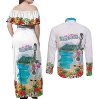Aloha Hawaii Waikiki Beach Landscape Couples Matching Off Shoulder Maxi Dress and Long Sleeve Button Shirt
