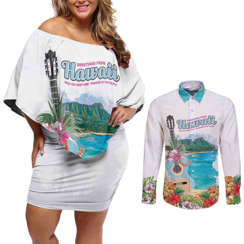 Aloha Hawaii Waikiki Beach Landscape Couples Matching Off Shoulder Short Dress and Long Sleeve Button Shirt