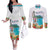 Aloha Hawaii Waikiki Beach Landscape Couples Matching Off The Shoulder Long Sleeve Dress and Long Sleeve Button Shirt