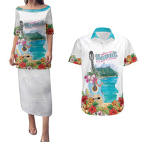 Aloha Hawaii Waikiki Beach Landscape Couples Matching Puletasi and Hawaiian Shirt