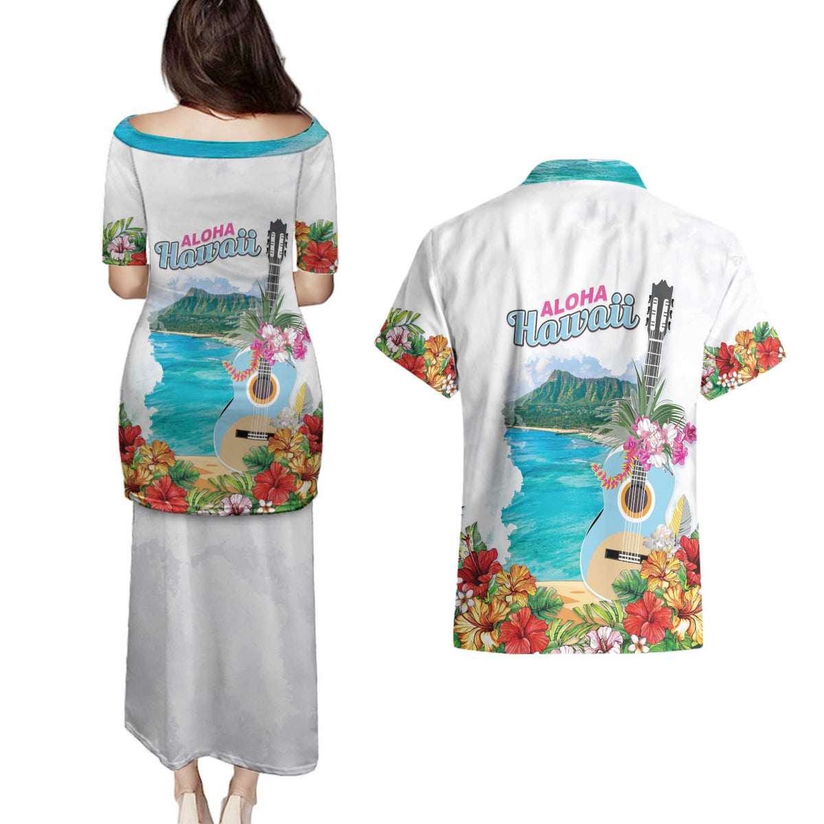 Aloha Hawaii Waikiki Beach Landscape Couples Matching Puletasi and Hawaiian Shirt
