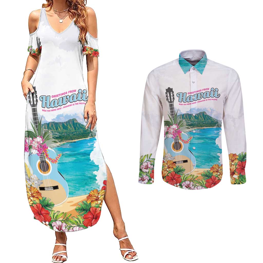 Aloha Hawaii Waikiki Beach Landscape Couples Matching Summer Maxi Dress and Long Sleeve Button Shirt