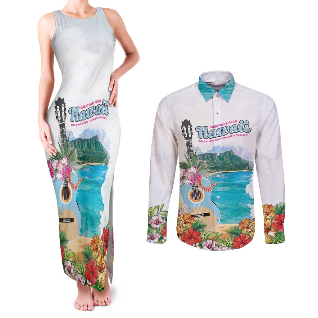 Aloha Hawaii Waikiki Beach Landscape Couples Matching Tank Maxi Dress and Long Sleeve Button Shirt