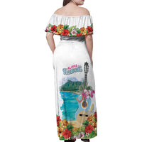 Aloha Hawaii Waikiki Beach Landscape Family Matching Off Shoulder Maxi Dress and Hawaiian Shirt
