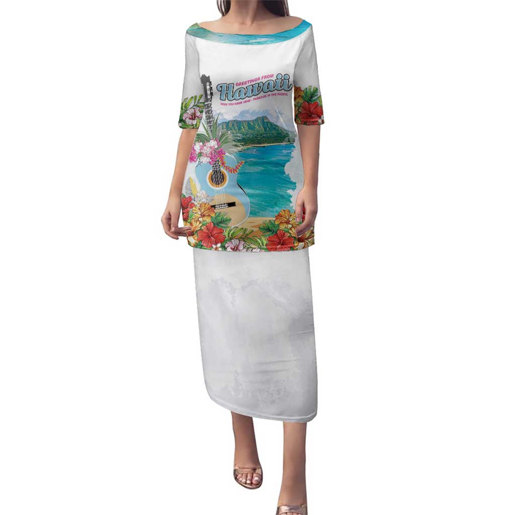 Aloha Hawaii Waikiki Beach Landscape Family Matching Puletasi and Hawaiian Shirt