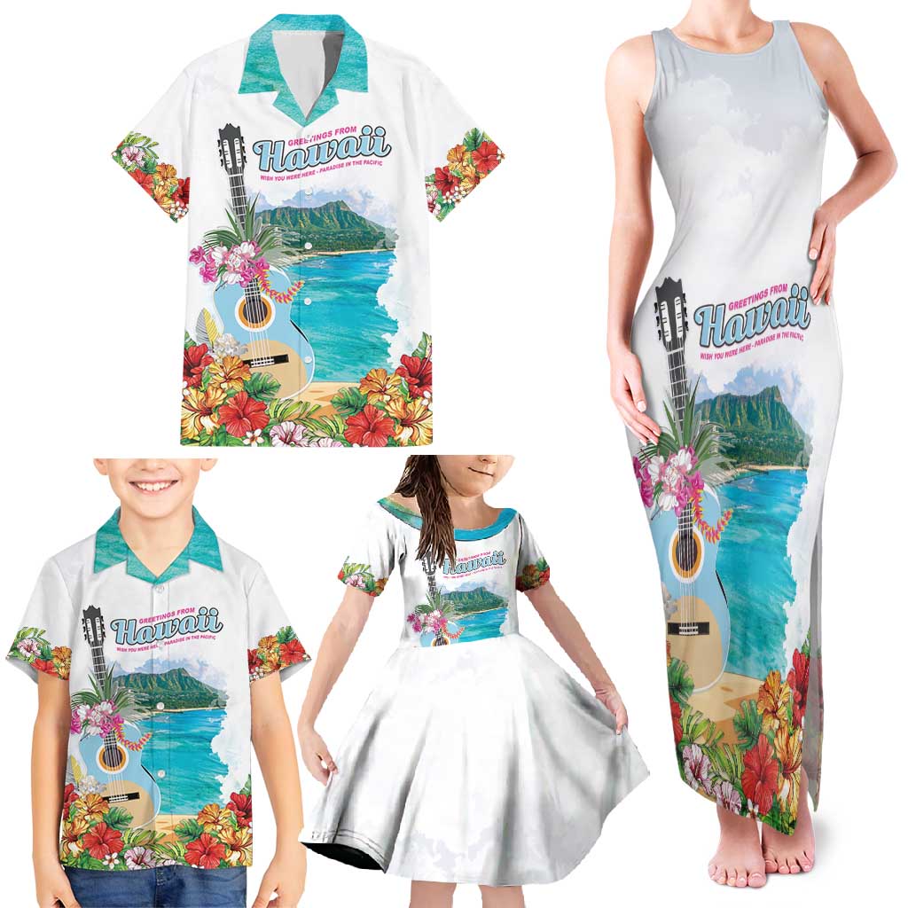 Aloha Hawaii Waikiki Beach Landscape Family Matching Tank Maxi Dress and Hawaiian Shirt