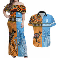 Custom Fiji Tapa And Australia Aboriginal Together Couples Matching Off Shoulder Maxi Dress and Hawaiian Shirt LT05 Blue - Polynesian Pride