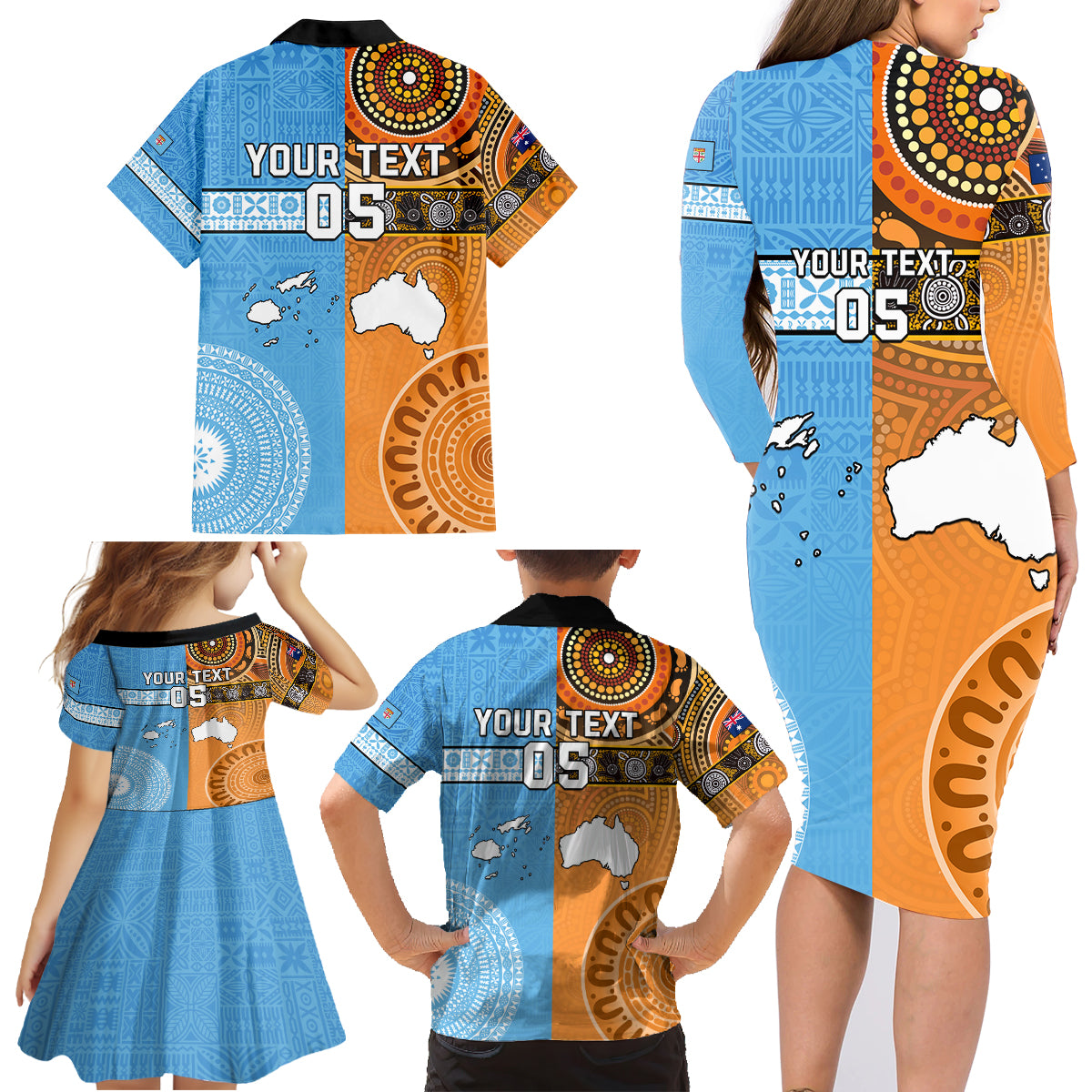 Custom Fiji Tapa And Australia Aboriginal Together Family Matching Long Sleeve Bodycon Dress and Hawaiian Shirt LT05 - Polynesian Pride