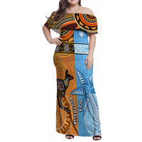 Custom Fiji Tapa And Australia Aboriginal Together Family Matching Off Shoulder Maxi Dress and Hawaiian Shirt LT05 Mom's Dress Blue - Polynesian Pride