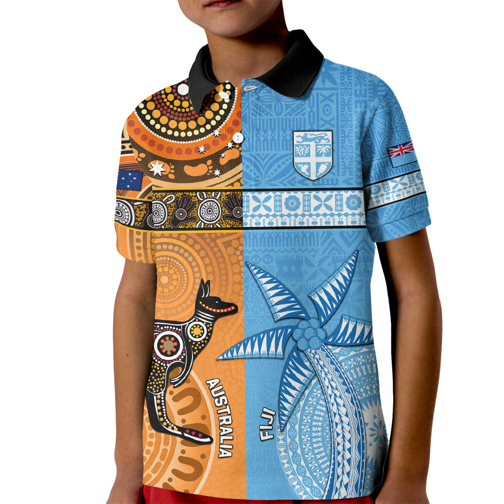 Custom Fiji Tapa And Australia Aboriginal Together Kid Polo Shirt LT05 Kid Blue - Polynesian Pride