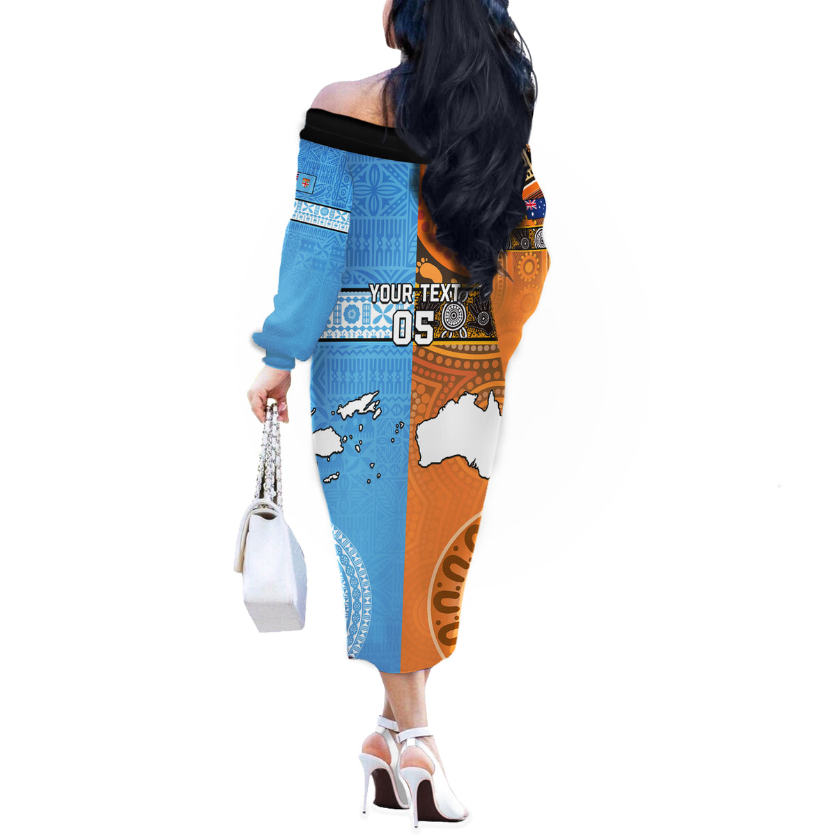 Custom Fiji Tapa And Australia Aboriginal Together Off The Shoulder Long Sleeve Dress LT05 - Polynesian Pride