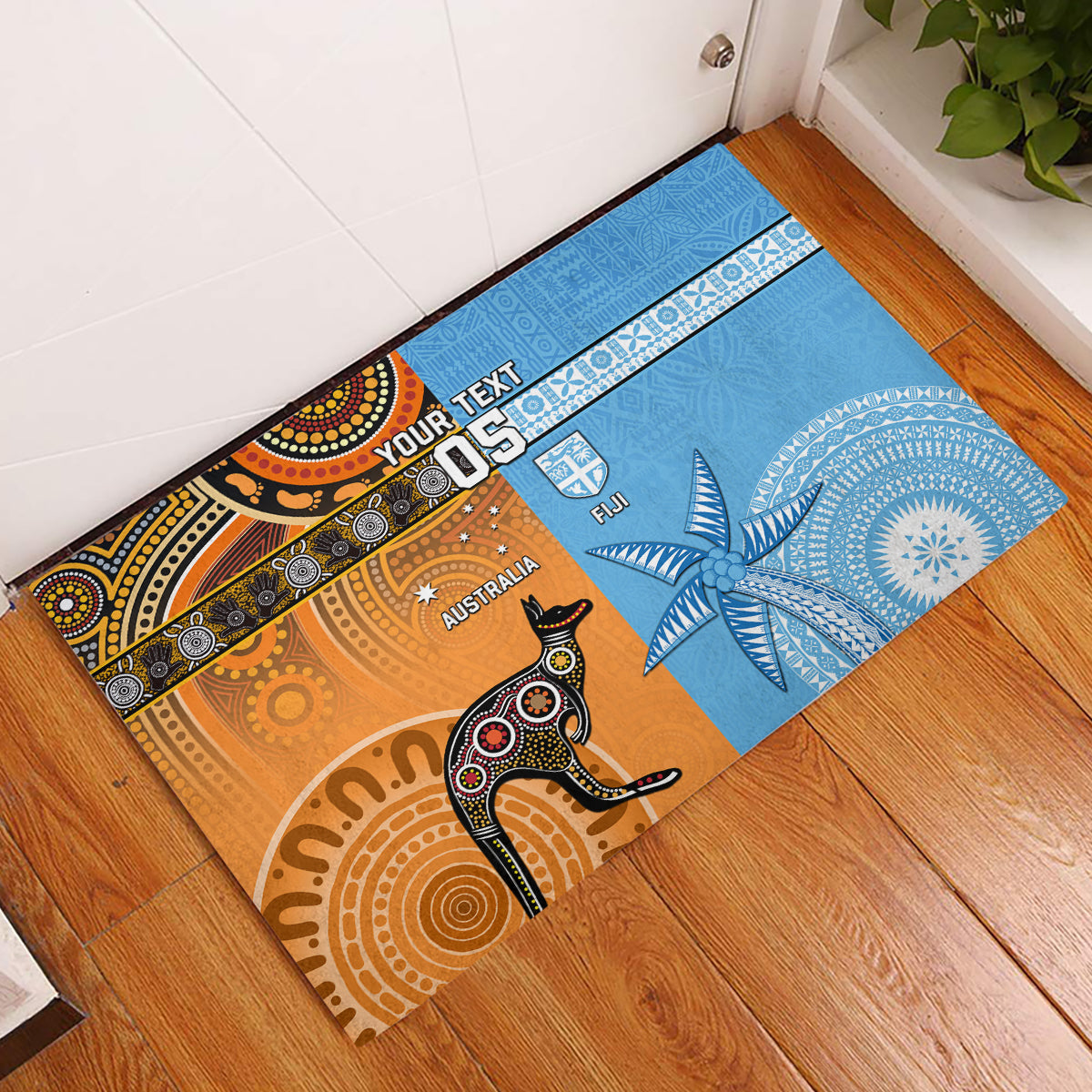 Custom Fiji Tapa And Australia Aboriginal Together Rubber Doormat LT05 Blue - Polynesian Pride