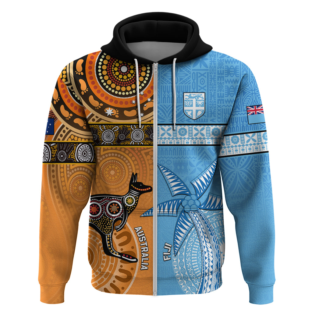 Custom Fiji Tapa And Australia Aboriginal Together Zip Hoodie LT05 Zip Hoodie Blue - Polynesian Pride