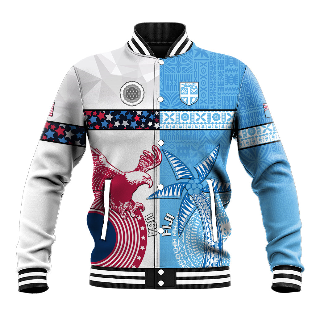 Custom Fiji And USA Palm Tree With Eagle Baseball Jacket LT05 Unisex Blue - Polynesian Pride
