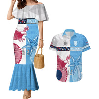 Custom Fiji And USA Palm Tree With Eagle Couples Matching Mermaid Dress and Hawaiian Shirt LT05 Blue - Polynesian Pride