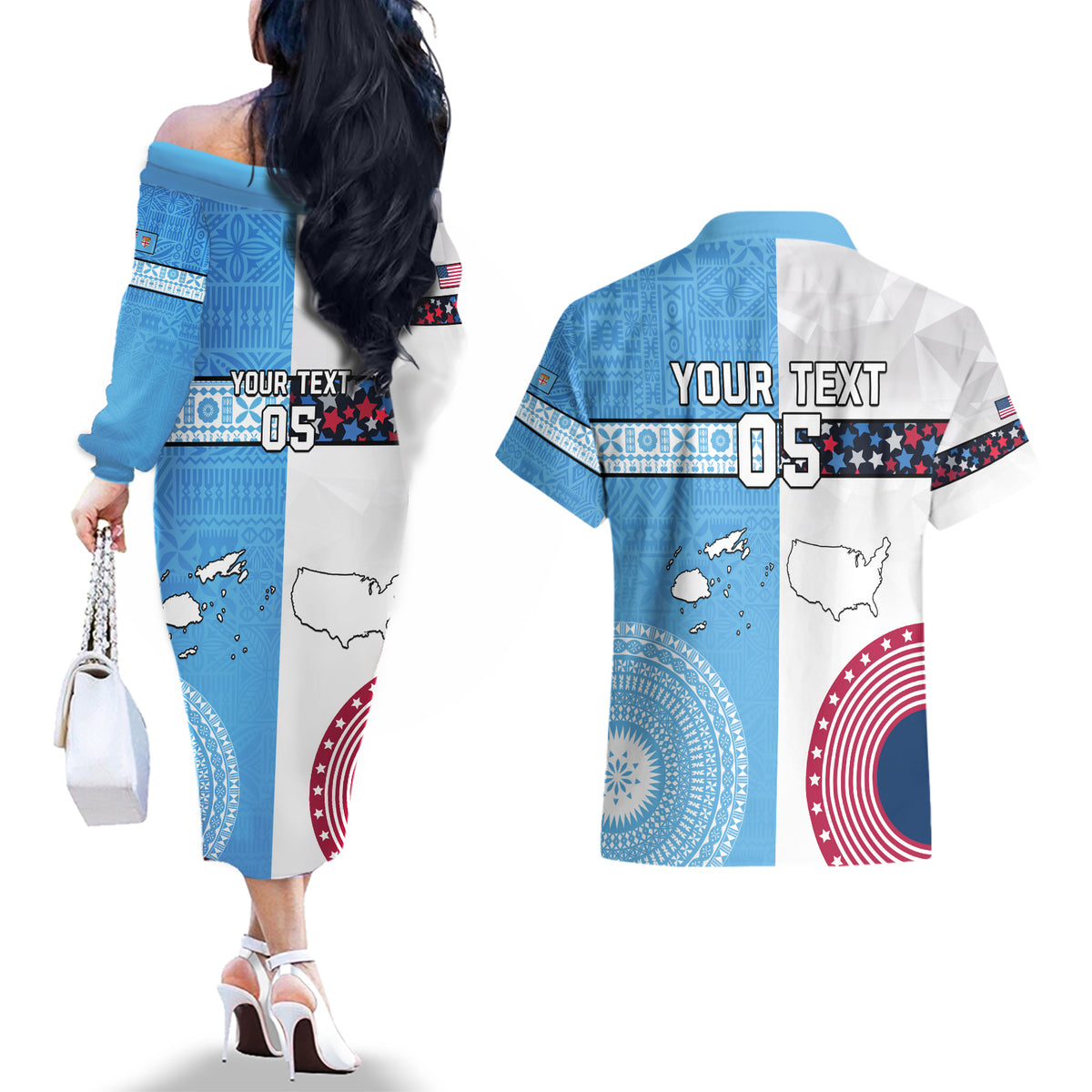 Custom Fiji And USA Palm Tree With Eagle Couples Matching Off The Shoulder Long Sleeve Dress and Hawaiian Shirt LT05 - Polynesian Pride