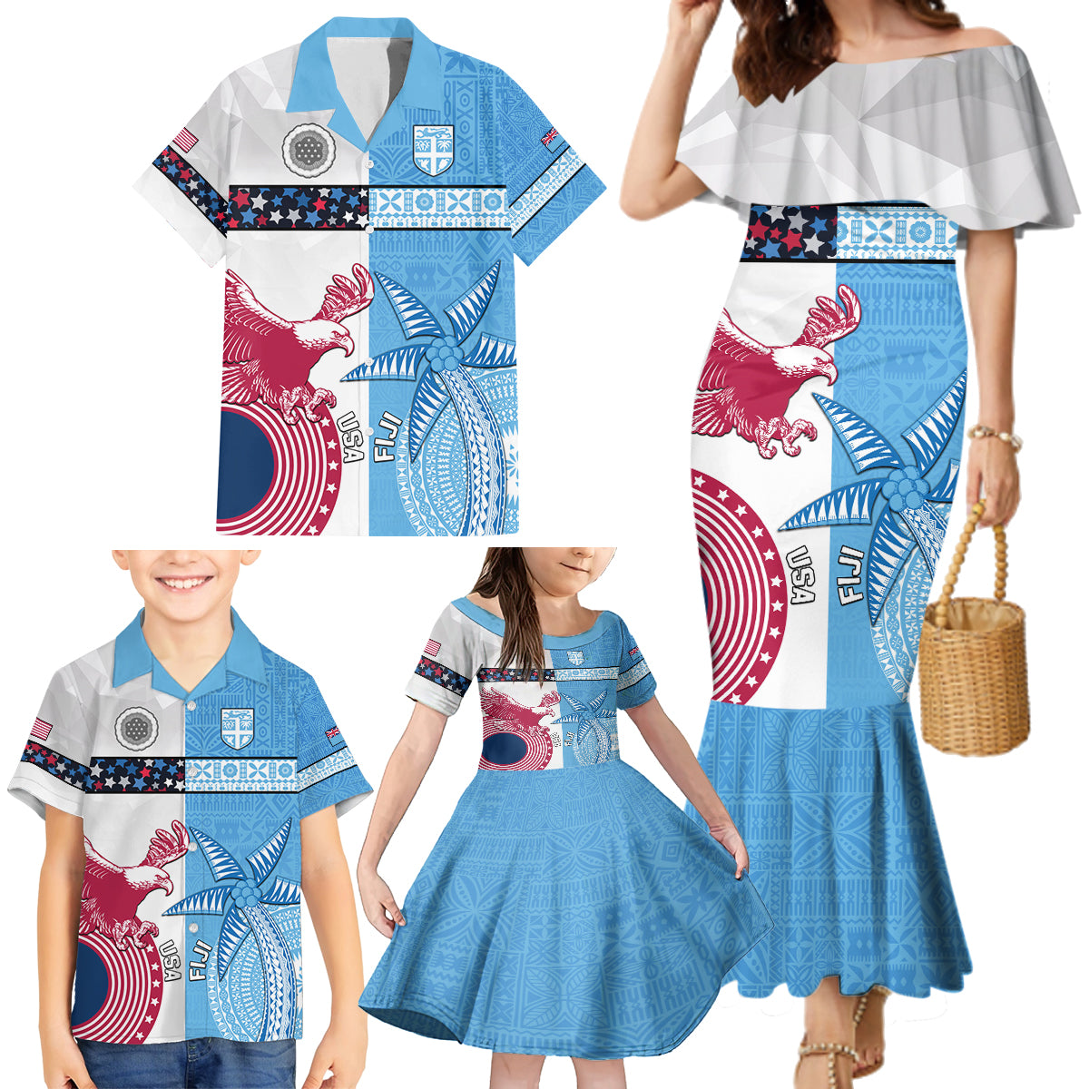 Custom Fiji And USA Palm Tree With Eagle Family Matching Mermaid Dress and Hawaiian Shirt LT05 - Polynesian Pride