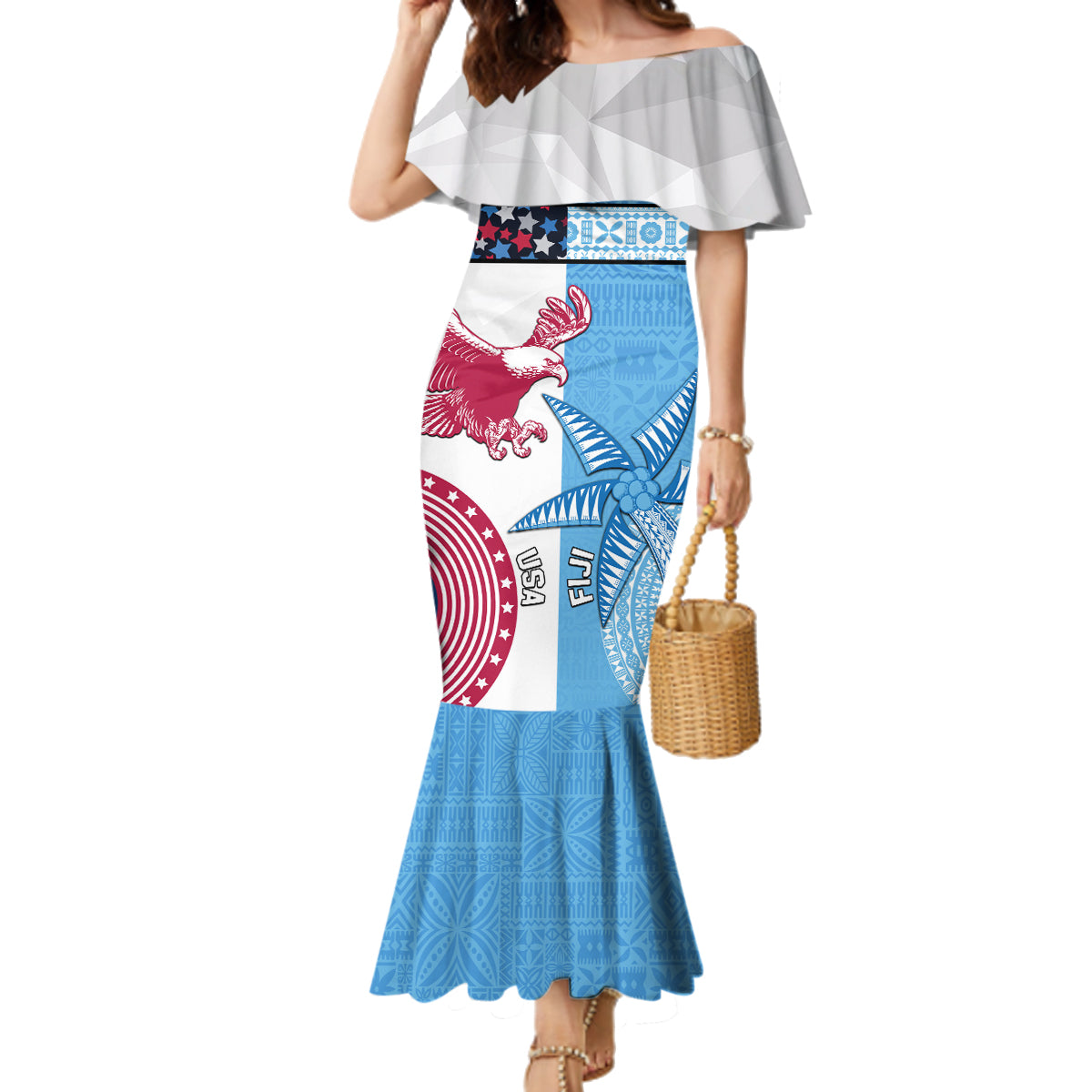 Custom Fiji And USA Palm Tree With Eagle Family Matching Mermaid Dress and Hawaiian Shirt LT05 Mom's Dress Blue - Polynesian Pride