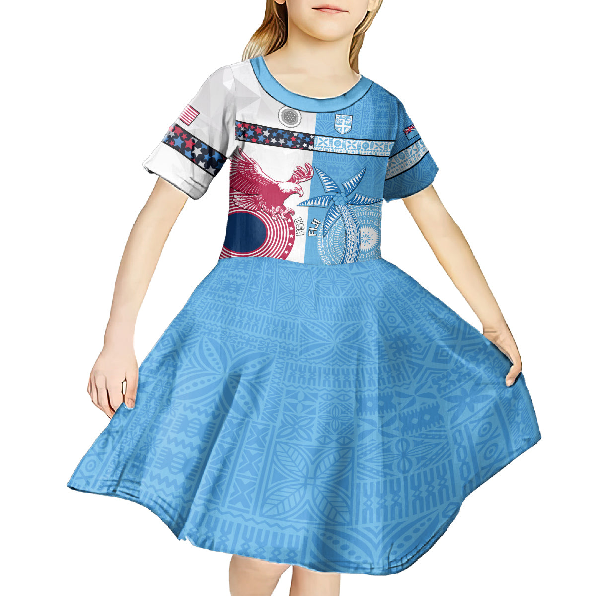 Custom Fiji And USA Palm Tree With Eagle Kid Short Sleeve Dress LT05 - Polynesian Pride