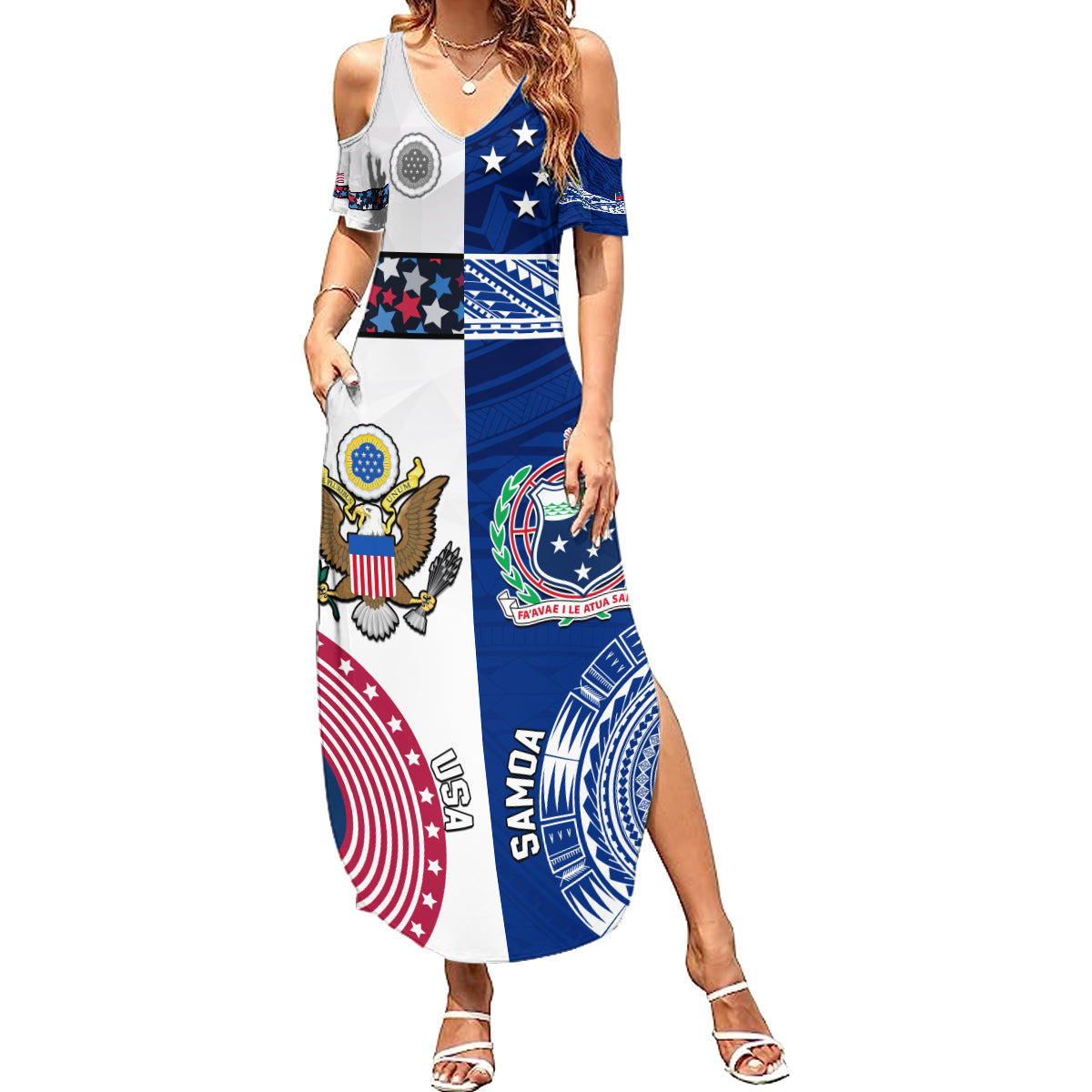 Custom Samoa And USA Together Summer Maxi Dress LT05 Women Blue - Polynesian Pride