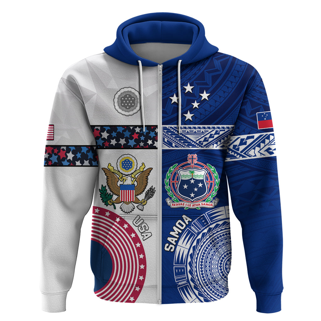 Custom Samoa And USA Together Zip Hoodie LT05 Zip Hoodie Blue - Polynesian Pride