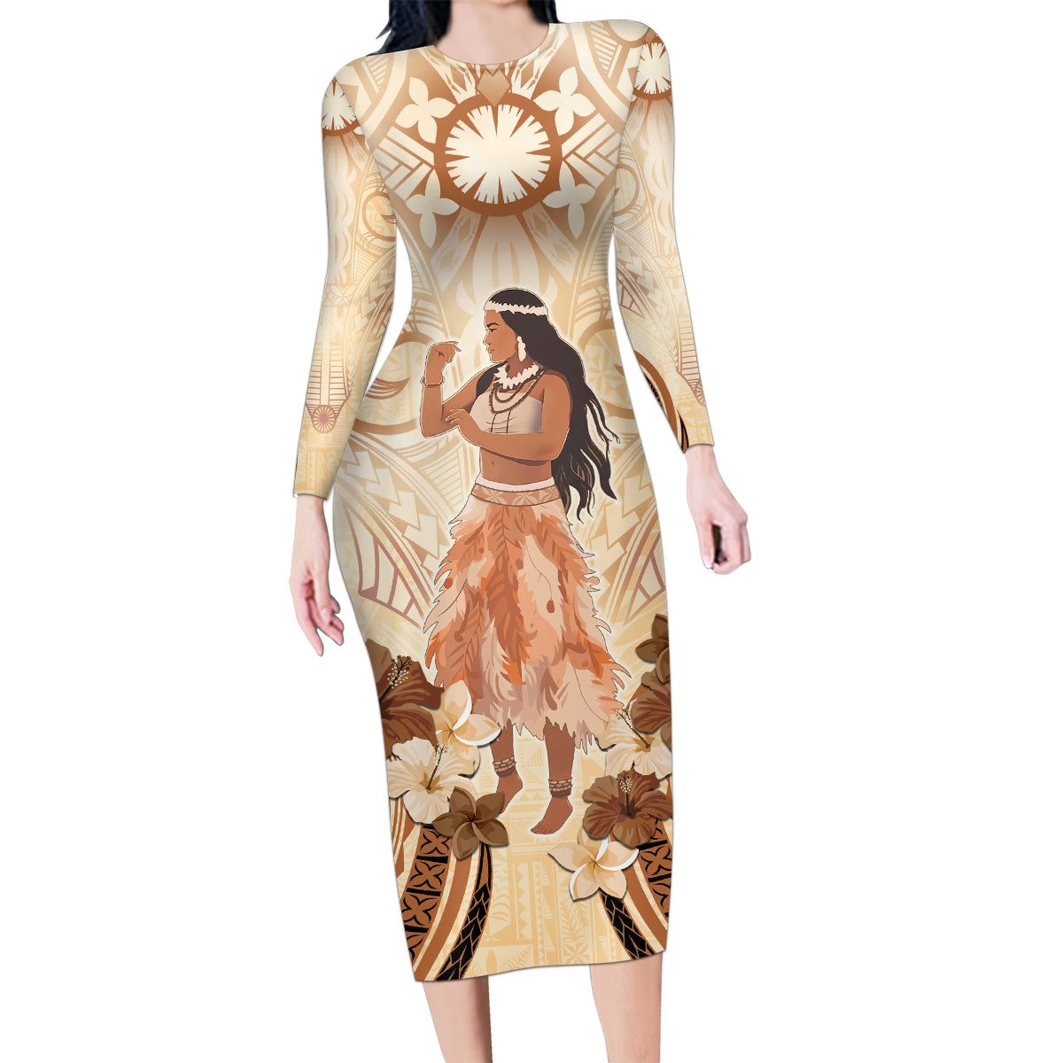 Tonga Women's Day Family Matching Long Sleeve Bodycon Dress and Hawaiian Shirt With Polynesian Pattern LT05 Mom's Dress Beige - Polynesian Pride
