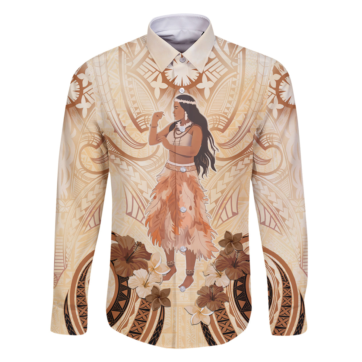 Tonga Women's Day Family Matching Mermaid Dress and Hawaiian Shirt With Polynesian Pattern LT05 Dad's Shirt - Long Sleeve Beige - Polynesian Pride