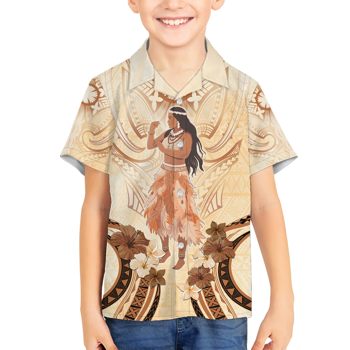 Tonga Women's Day Family Matching Off Shoulder Maxi Dress and Hawaiian Shirt With Polynesian Pattern LT05 Son's Shirt Beige - Polynesian Pride