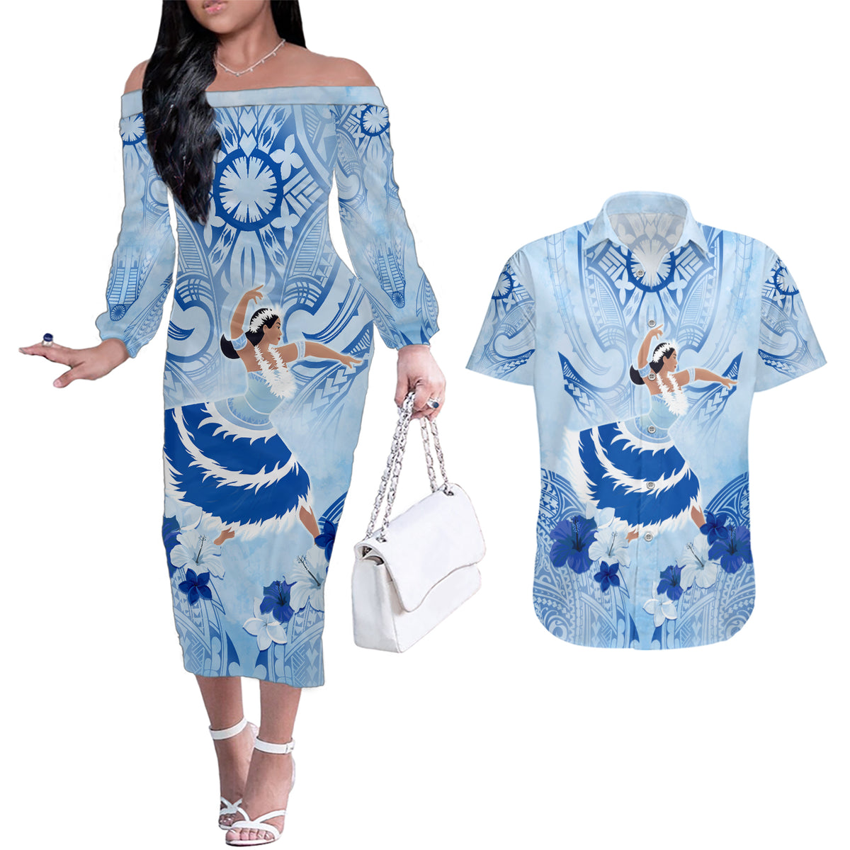 Cook Islands Women's Day Couples Matching Off The Shoulder Long Sleeve Dress and Hawaiian Shirt With Polynesian Pattern LT05 Blue - Polynesian Pride